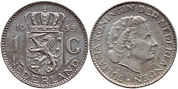 Нидерланды 1 гульден 1955 Юлиана (1948-1980) KM 184 серебро 1522-133