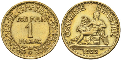 Франция 1 франк 1922 KM 876, Le Franc 218.5 алюминиевая бронза 4142-647