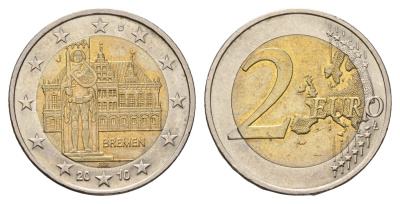 Германия 2 евро 2010 D, Бремен, городская ратуша и Роланд, серия Федеральные земли Германии KM 285 биметалл 4693-1045
