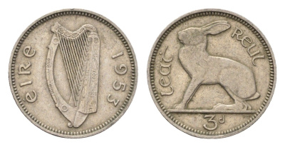 Ирландия 3 пенса 1953 заяц KM 12a медно-никель 4696-442