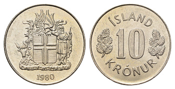 Исландия 10 крон 1980 KM 15 медно-никель UNC 4582-222