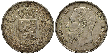 Бельгия 5 франков 1870 Леопольд II (1865-1909) KM 24 серебро 443-922