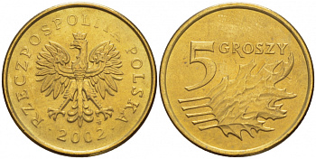 Польша 5 грошей 2002 MW KM 278 латунь UNC 4516-1159