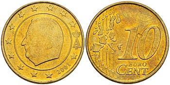 Бельгия 10 евроцентов 2001 Альберт II KM 227 латунь 4596-837