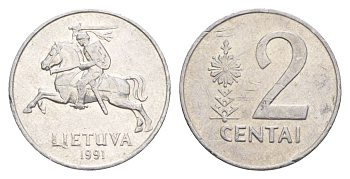 Литва 2 цента 1991 KM 86 алюминий 4632-569