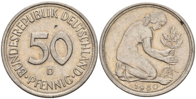 ФРГ 50 пфеннигов 1980 D KM 109, J. 384 медно-никель 4176-1115