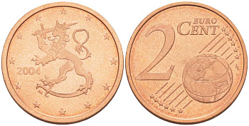ФИНЛЯНДИЯ 2 ЕВРОЦЕНТА 2004 M KM 99 сталь плакированная медью UNC 214-319