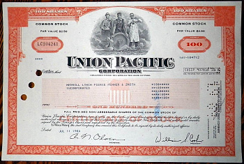 США, Union Pacific Corporation 100 акций 1984 бумага 8802-61-1