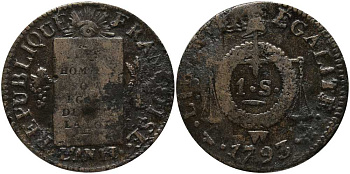 Франция 1 соль 1793 W, монетный двор Лилль, Людовик XVI (1774-1793), весы, конституция KM 619.12 (С 122.12) бронза    633-1843