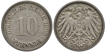 Германия 10 пфеннигов 1900 F KM 12, Jager 13, Weege 8 медно-никель 219-333