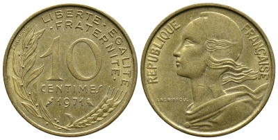 ФРАНЦИЯ 10 САНТИМОВ 1971 ТИП MARIANNE KM 929 медь алюминий никель 93-1324