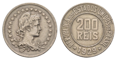 Бразилия 200 реалов (рейсов) 1929 KM 519 медно-никель 1519-1425