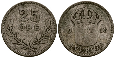 Швеция 25 эре 1916 Густав V (1907-1950) KM 785 серебро 4164-1022