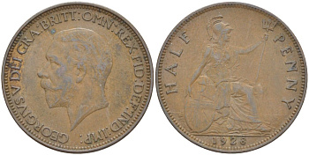 Великобритания 1/2 пенни 1928 Георг V (1910-1936) KM 837, Spink 4058 бронза 4513-444
