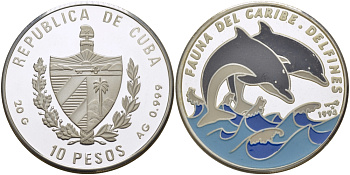 Куба 10 песо 1994 Карибская фауна, дельфины, цветная эмаль KM 449.2 серебро PROOF 11-178-44