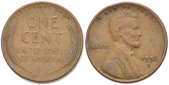 США 1 ЦЕНТ 1956 D, ЛИНКОЛЬН KM А132 медь цинк 218-1032