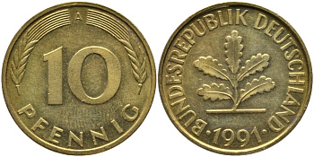 ФРГ 10 ПФЕННИГОВ 1991 A KM 108, J. 383 сталь плакированная латунью UNC 65-1212