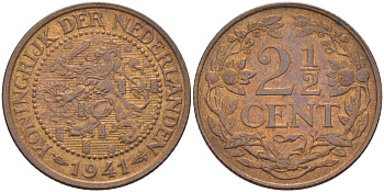 НИДЕРЛАНДЫ 2 1/2 ЦЕНТА 1941 ВИЛЬГЕЛЬМИНА KM 150 бронза 31-1011