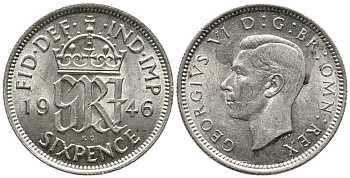 Великобритания 6 пенсов 1946 Георг VI (1936-1952) KM 852, Spink 4084 серебро 201-422