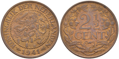НИДЕРЛАНДЫ 2 1/2 ЦЕНТА 1941 ВИЛЬГЕЛЬМИНА KM 150 бронза 31-1011