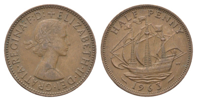 Великобритания 1/2 пенни 1963 Елизавета II (1952-2022) KM 896, Spink 4158 бронза 4662-1221