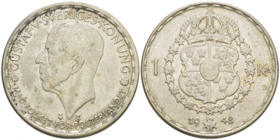 Швеция 1 крона 1948 TS, Густав V (1907-1950) KM 814 серебро 175-1121
