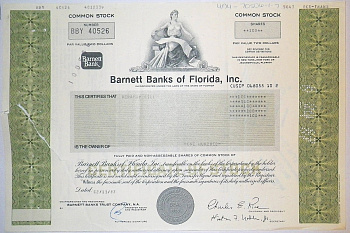 США, BARNETT BANKS OF FLORIDA, INC. 100 АКЦИЙ 1987 США надрыв бумага 00-00