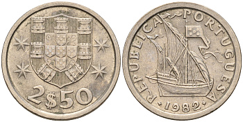 Португалия 2,5 эскудо 1982 парусник KM 590 медно-никель    4596-329