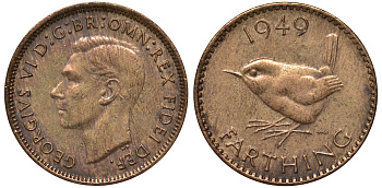 Великобритания 1 фартинг 1949 Георг VI (1936-1952) KM 867, Spink 4119 бронза 4122-715