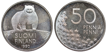 Финляндия 50 пенни 1990 M, полярный медведь KM 66 медно-никель 3334-1218