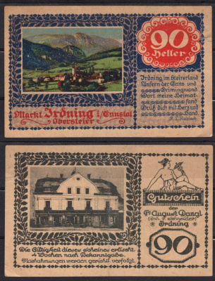 Австрия, Ирднинг 90 геллеров (1918-1921) Нотгельд, гора Гримминг Jaksc/Pick JPR0416-90 бумага 7555-17-3-1