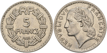 Франция 5 франков 1935 KM 888 никель 4144-413