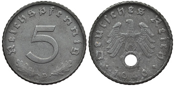 ГЕРМАНИЯ 5 РЕЙХСПФЕННИГОВ 1940 D KM 100, Jager 370 цинк 4547-664