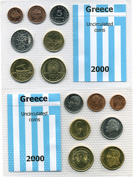 Греция набор из 7 монет 2000 в пластиковой запайке KM 150, 151, 131, 132, 154, 147, 159 UNC 3-6-3-17
