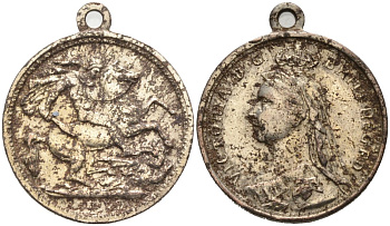 Англия медальОН ГЕРГИЙ ПОБЕДОНОСЕЦ, КОРОЛЕВА Виктория, диаметр 21,7 мм., МАГНИТНЫЙ, С УШКОМ никелированная сталь 4571-511