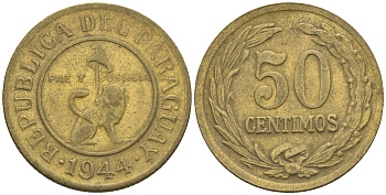 Парагвай 50 сентимо 1944 лев, фригийский колпак на шесте KM 24 алюминиевая бронза    4177-943