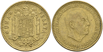 Испания 1 песета 1966 (75) Франсиско Франко (1939-1975) KM 796 алюминиевая бронза 4604-421