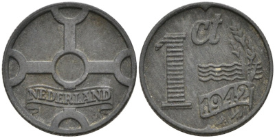 Нидерланды 1 цент 1942 Вильгельмина (1890-1948) KM 170 цинк 3458-156
