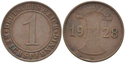 ГЕРМАНИЯ 1 РЕЙХСПФЕННИГ 1928 D KM 37, J. 313, Weege 2 бронза 211-116