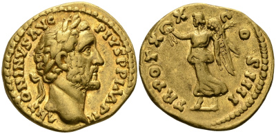 Римская Империя аурей 156 - 157 Антонин Пий TR POT XX COS IIII Виктория, богиня Победы, Рим, 7,22 гр Good Very fine RIC 266a, Calic? 1675 золото 10-011-54