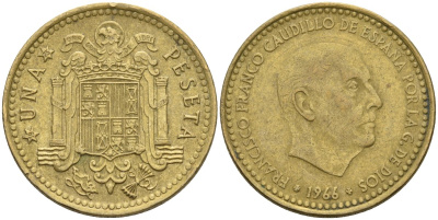 Испания 1 песета 1966 (75) Франсиско Франко (1939-1975) KM 796 алюминиевая бронза 4604-421