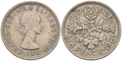 Великобритания 6 пенсов 1961 Елизавета II (1952-2022) KM 903, Spink 4149 медно-никель 4596-1044