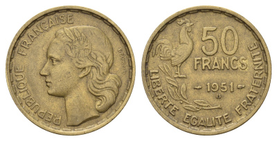 Франция 50 франков 1951 B, Петух KM 918.1, Le Franc 425.5 алюминиевая бронза 4118-642
