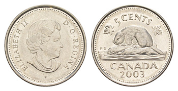 Канада 5 центов 2003 P, Елизавета II (1952-2022), бобр KM 491 сталь плакированная никелем UNC 4630-755