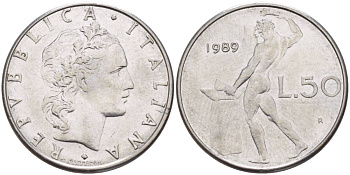 ИТАЛИЯ 50 ЛИР 1989 R, БОГ ОГНЯ ВУЛКАН У НАКОВАЛЬНИ KM 95.1 нержавеющая сталь 4551-422