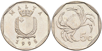 Мальта 5 центов 1995 краб KM 95 медно-никель 4588-141