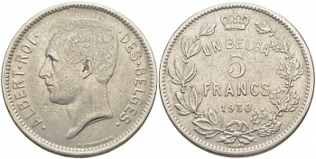 БЕЛЬГИЯ 5 ФРАНКОВ 1930 BELGES KM 97.1 никель 114-841