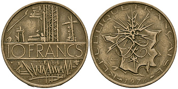 Франция 10 франков 1976 тип Матье KM 940, Le Franc 365.7-8 никель латунь 4120-446