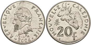 Французская Новая Каледония 20 франков 2004 три быка, (IEOM) KM 12, Schoen 14, Lec 15h никель 4131-721