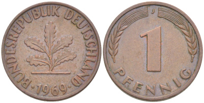 ФРГ 1 ПФЕННИГ 1969 J KM 105, J. 380 сталь плакированная медью 4181-548